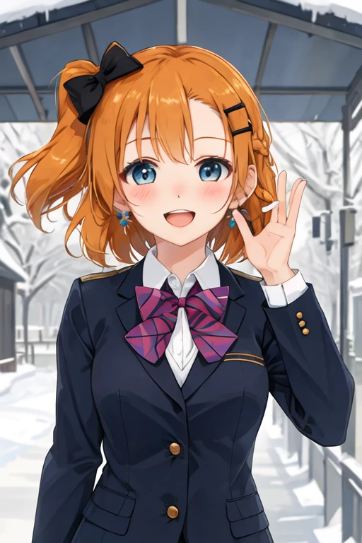 best quality, masterpiece, highres, solo, {kousaka_honoka_lovelive:1.15}, blue_eyes, orange_hair, one_side_up, smile, blush, short_hair, open_mouth, bow, hair_bow, hair_ornament, 1girl, jacket, looking_at_viewer, otonokizaka_school_uniform, school_uniform, blazer, bangs, winter_uniform, bowtie, long_sleeves