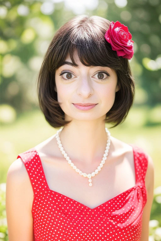 a photoshoot of KateMicucci, a beautiful woman, simple polka dot red dress, pearl necklace, closeup, outside in rose garden, face focus, hair accessory