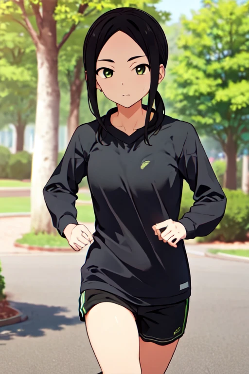 <lora:OshizuHebimoriR4:0.7>, OshizuHebimoriR4, black hair, green eyes, sport clothing, running, park