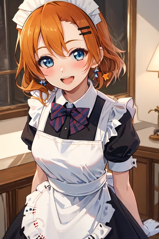 best quality, masterpiece, highres, solo, {maid:1.40}, {long maid dress:1.15}, {kousaka_honoka_lovelive:1.15}, blue_eyes, orange_hair, one_side_up, smile, blush, short_hair, open_mouth, bow, hair_bow, hair_ornament