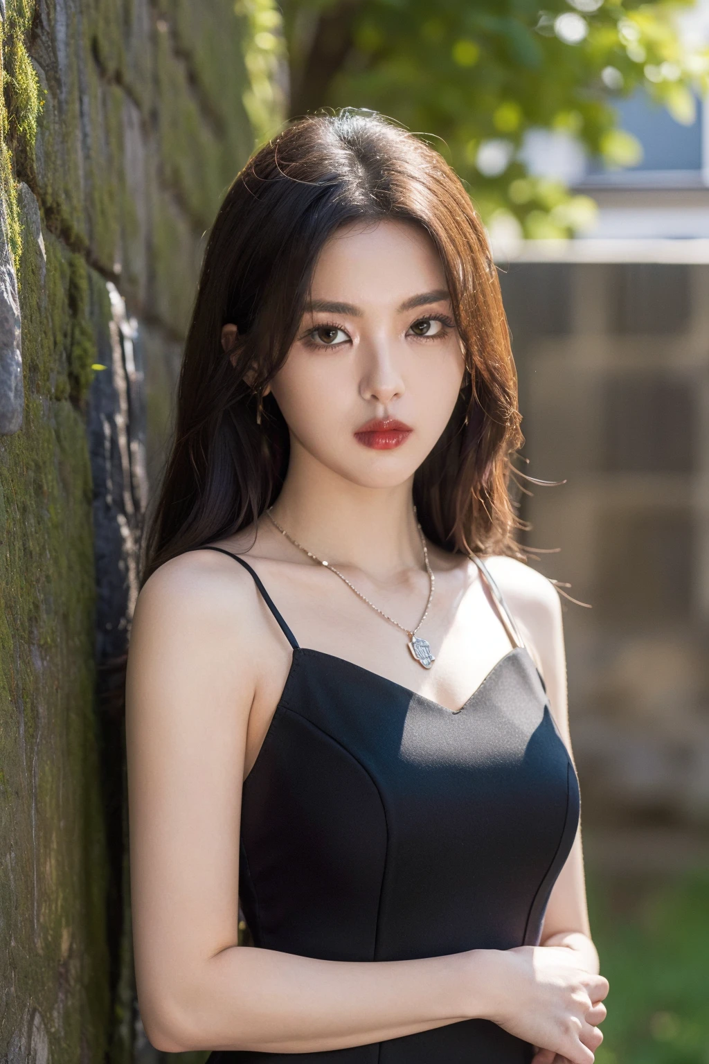 masterpiece,best quality,1girl,upper body,looking at viewer,
standing,
black dress,strap dress,ginza,stone wall, necklace, 
<lora:chaoyue:0.5>