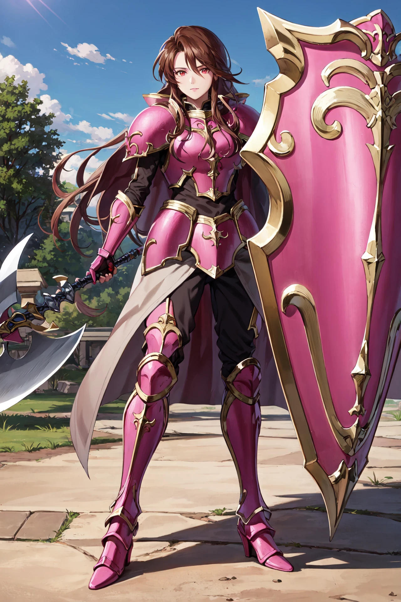 <lora:sheenaV1-000009:0.9>,sheena, armor, shield,axe, gauntlets,looking at viewer, armored boots, cape, high heels, shoulder armor, breastplate,  pauldrons, greaves, gloves, pink footwear, faulds, outdoors,(masterpiece, best quality, ultra-detailed, best shadow)