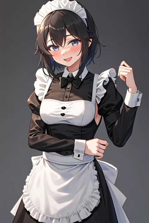 best quality, masterpiece, highres, solo, {maid:1.40}, {long maid dress:1.15}, {hayasui_kantaicollection:1.15}, short_hair, black_hair, grey_eyes, blush, open_mouth, smile, breasts