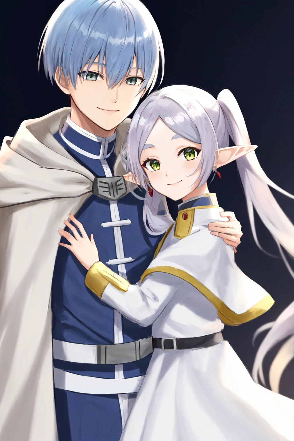 masterpiece, best quality, highres, 1girl frieren, white capelet striped shirt dress, 1boy himmel, cloak uniform <lora:himmel_frieren_5:1> hug, smile