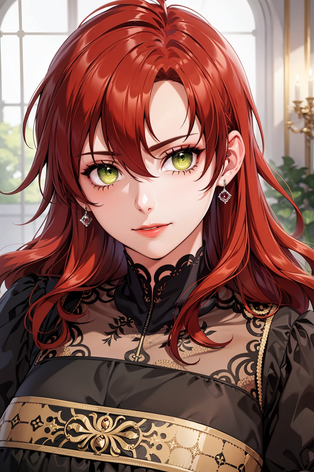 best quality, masterpiece, portrait, rebellia le castilla, green eyes, red hair, wavy hair, long hair, hair intakes, large breasts, hair between eyes, dress, juwelery, seductive smile, looking at viewer, closed mouth,indoors, mansion,
<lora:Kizuki - Divorcing My Tyrant Husband - Rebellia Le Castilla:0.9>