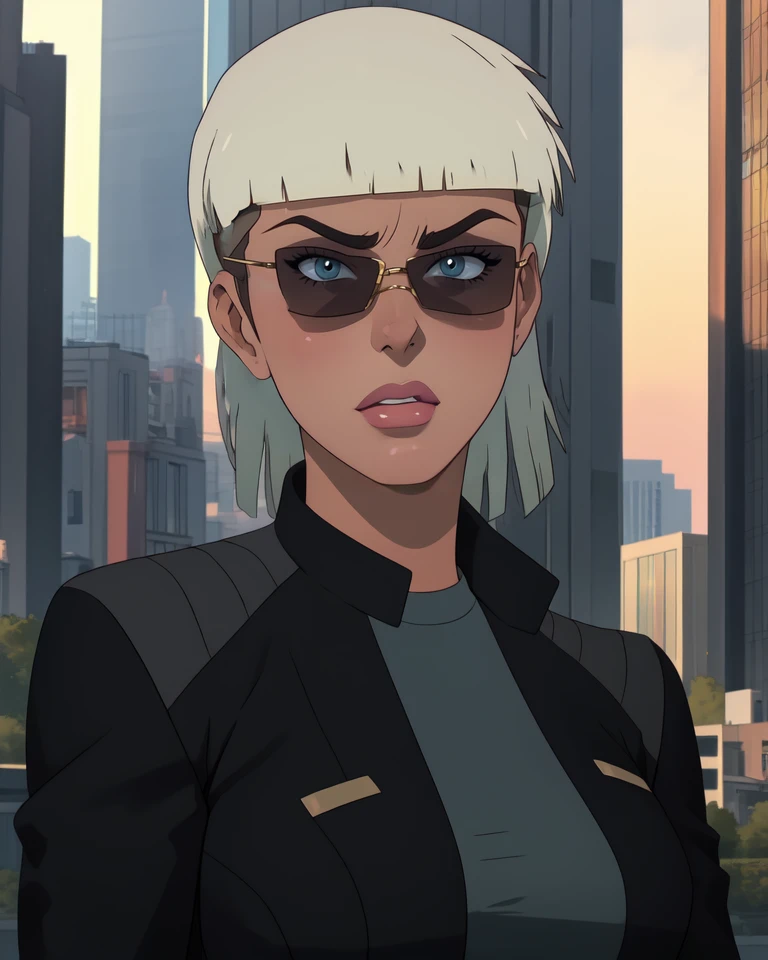 leslie,bangs,two-tone hair,undercut,sunglasses,
gloves,shirt,black jacket,
standing,upper body,serious,
metropolis,morning,
(insanely detailed, beautiful detailed face,beautiful detailed eyes, masterpiece, best quality),<lora:LivewireMAS:0.8>,