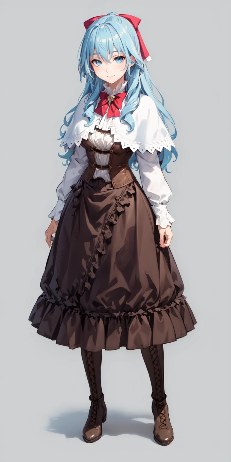 sgliselotte, full body, light smile BREAK long hair, blue hair, sidelocks, blue eyes BREAK white capelet, brown corset, red bow, hair bow, red bowtie, brown lace-up boots, long brown skirt BREAK (simple background, grey background:1) <lora:liselotte-sd15-5-000008:0.8>