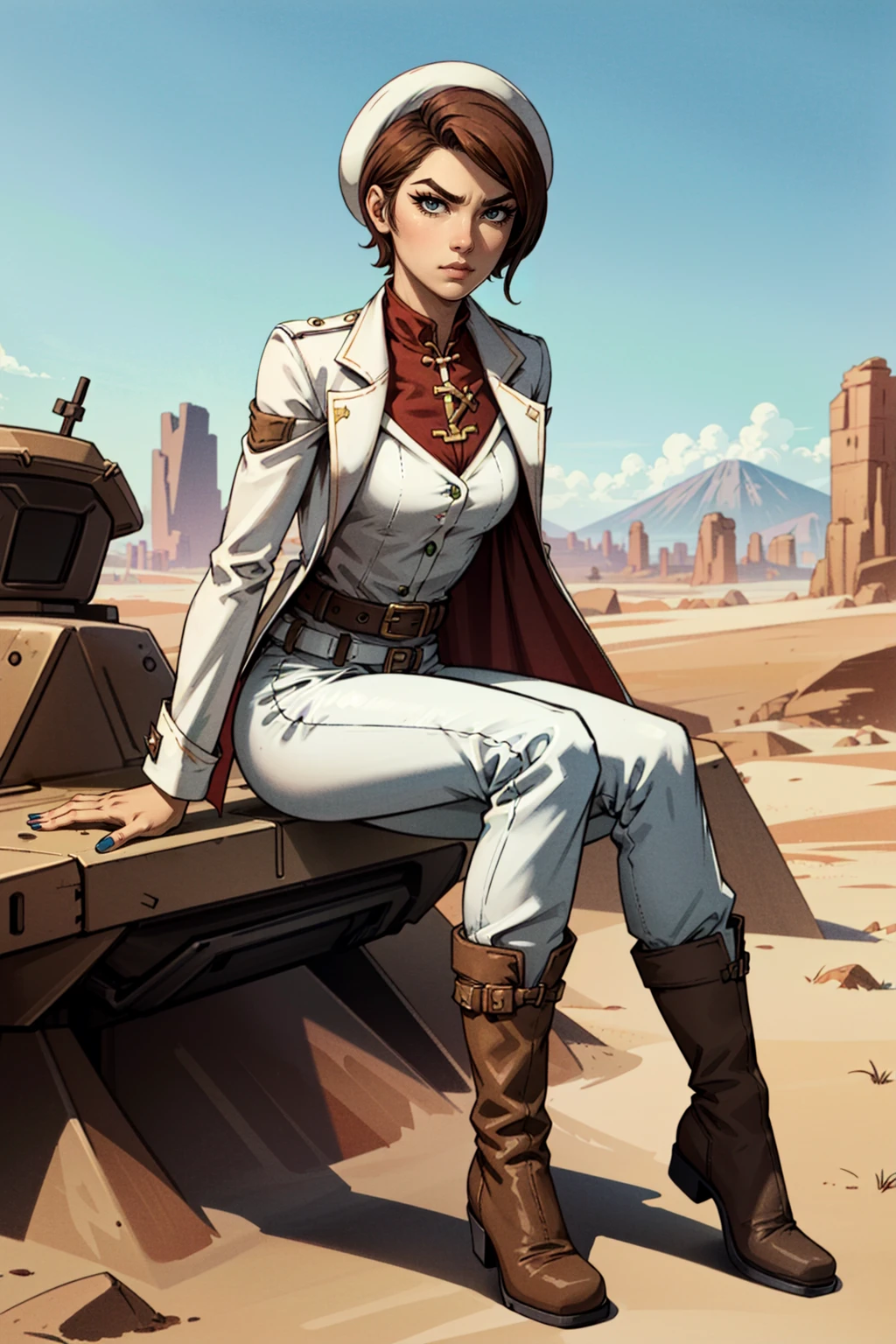 <lora:FionaV1.4:0.8> , 1girl, brown hair with red streak, eyeshadow, fionatftbl, green eyes, blue nail polish, white headwear, red business coat, short hair, white pants, brown boots , belt,sitting in a sandy dessert, barren wasteland, planet in the sky, angry