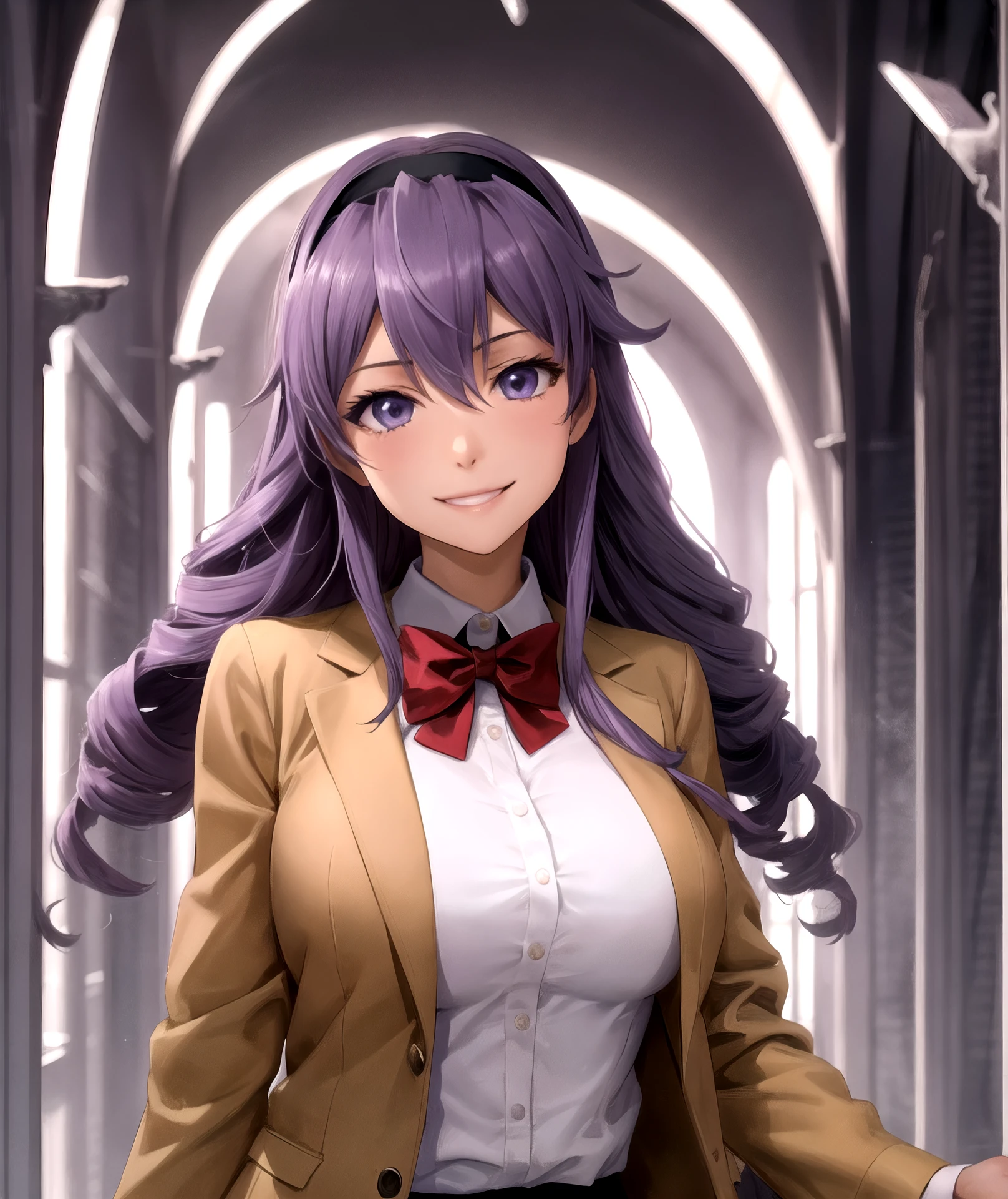 junko hokaze, 1girl, solo, long hair, looking at viewer, smile, shirt, bow, school uniform, purple eyes, jacket, upper body, purple hair, hairband, bowtie, red bow, drill hair, <lora:Junko_Hokaze_L:1>, huge breasts