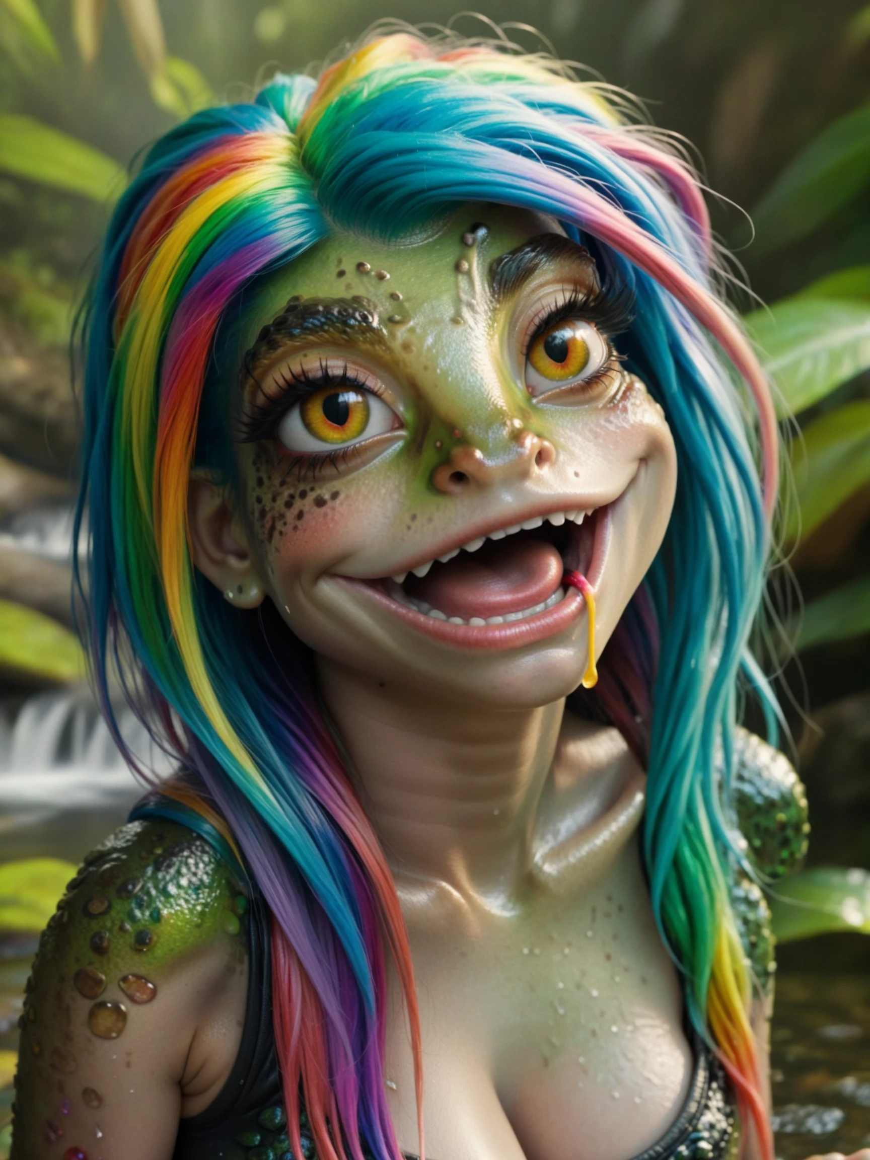 <lora:frog-v3_adam-cosine_16x8-4x1-000003:1.4>
a realistic close-up of a fr0g frog girl
with rainbow hair
winking, 8k, highly detailed, ultra realistic