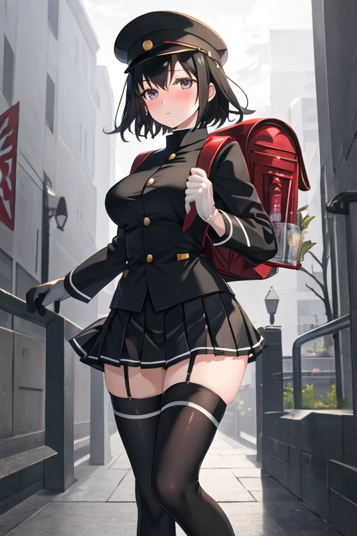 best quality, masterpiece, highres, solo, {akitsu_maru_kantaicollection:1.15}, black_hair, short_hair, hat, peaked_cap, black_eyes, breasts, military, large_breasts, blush, 1girl, backpack, bag, gloves, military_uniform, pleated_skirt, randoseru, skirt, thighhighs, uniform, white_gloves, zettai_ryouiki, lantern, looking_at_viewer, black_thighhighs