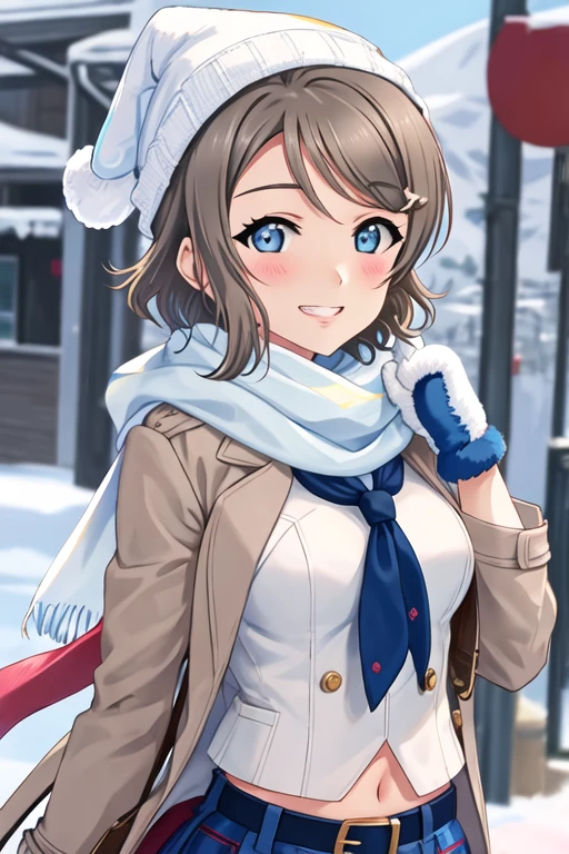 best quality, masterpiece, highres, solo, {watanabe_you_lovelivesunshine:1.15}, short_hair, blue_eyes, blush, brown_hair, smile, grey_hair, breasts, bangs, open_mouth, medium_breasts, 1girl, gloves, looking_at_viewer, scarf, winter_clothes, coat, grin, hat, white_gloves, beanie, blue_scarf, mittens, upper_body