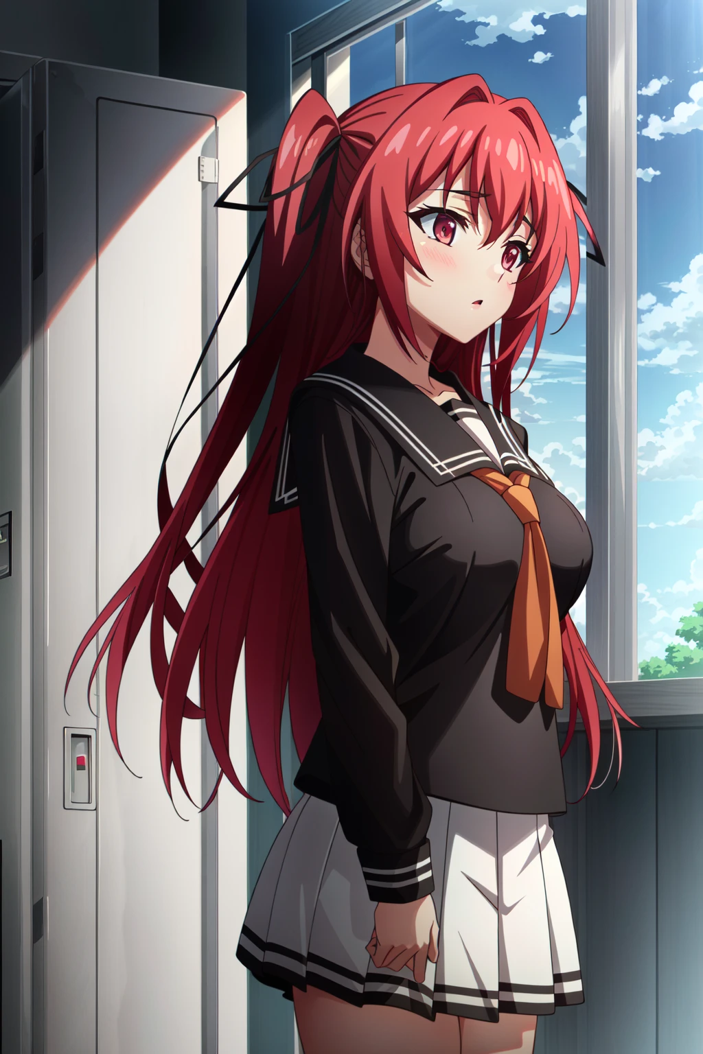 (extremely detailed CG unity 4k wallpaper),(masterpiece),(best quality),(ultra-detailed),(best illustration),(best shadow),(absurdres),(detailed background), <lora:OGT_Mio_Naruse-v2:0.7> Mio Naruse, 1girl, school uniform, red hair, solo, locker, long hair, hair ribbon, ribbon, serafuku, two side up, breasts, red eyes