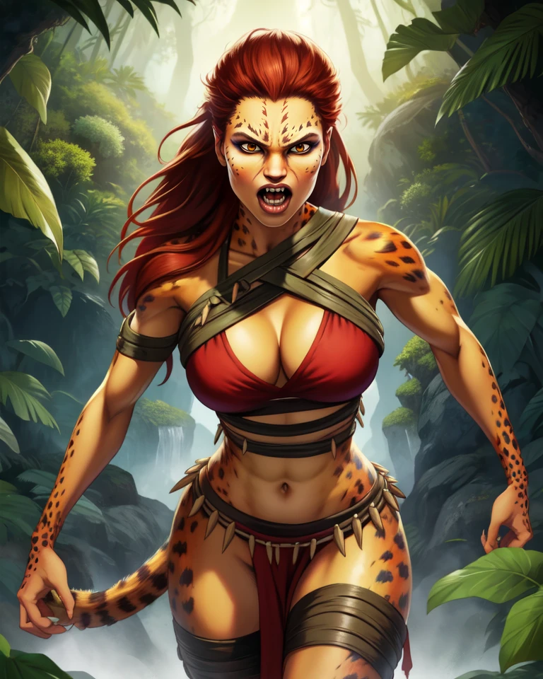 cheetahIJ2,red hair,brown eyes,tail,serious,claws,
tribal attire,fang,toned,open mouth,large breasts,
high mountain,jungle,navel,hips,
standing,toned,
(insanely detailed, beautiful detailed face, masterpiece, best quality) solo,<lora:cheetahIJu2-10:0.8>,dynamic_angle,