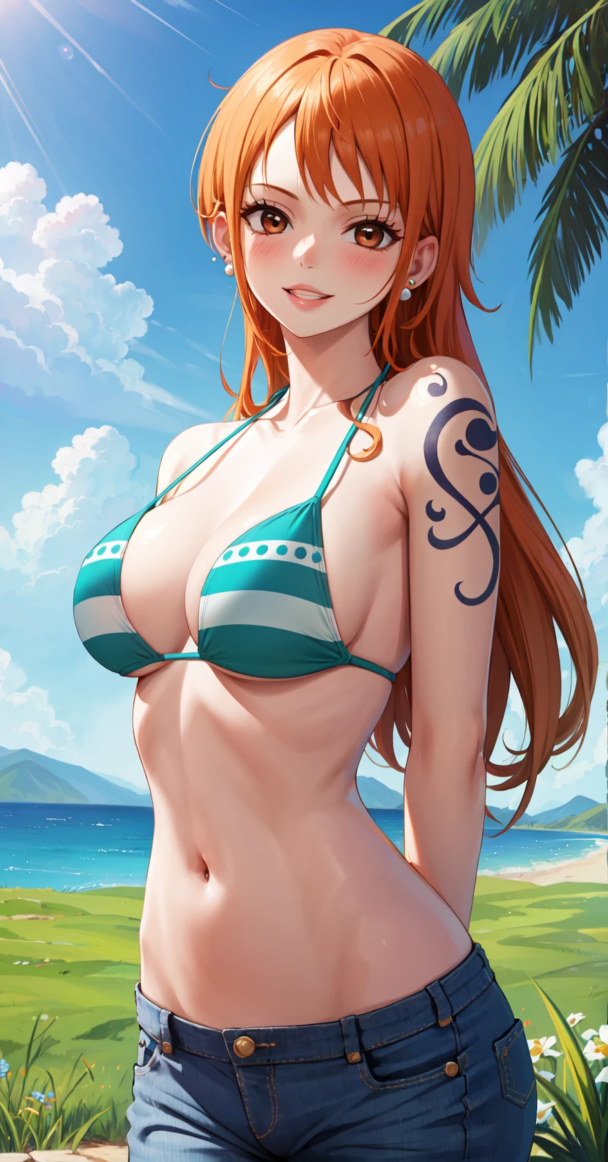 masterpiece, best quality, highres,
NamiBikini, 1girl, solo, looking at viewer, orange hair, brown eyes, orange eyes, smile, skirt, tattoo, shoulder tattoo, large breasts, long hair, breasts, parted lips, nami (one piece),
navel, cleavage, jewelry, collarbone, swimsuit, bikini, earrings, pants, stomach, bracelet, tattoo, denim, bikini top only, jeans, green bikini, arms behind back,
<lora:LoRA_Nami:1>, blush, field, grass, forest, sunlight, cloudy,