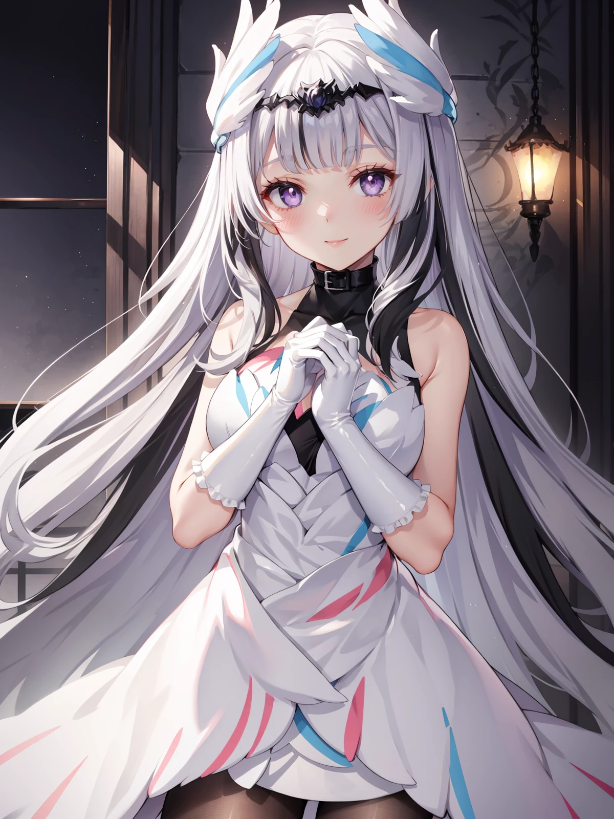 (extremely detailed CG, best quality:1.1), 1girl, perfect face, bright pupils, (finely detailed beautiful eyes:1.1), half-closed eyes, shiny skin, lustrous skin, wide hips, narrow waist, very long hair, (multicolored hair, black hair, white hair:1.2), head wings, purple eyes, dress, sleeveless dress, white gloves, elbow gloves, light smile, blush, hands on chest, cowboy shot,    <lora:Veyle:0.6>