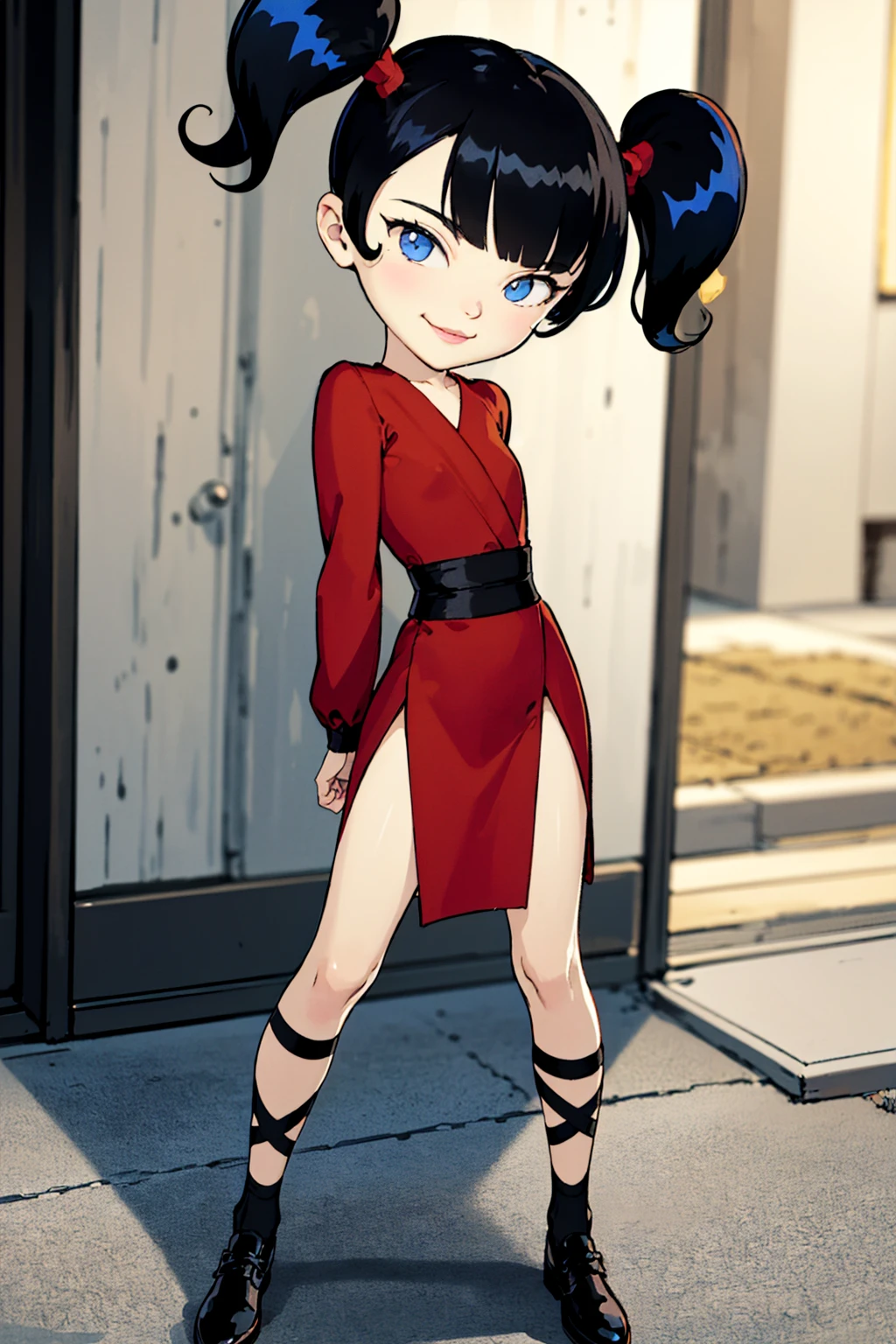 kimiko, 1girl, black hair, twintails, solo, blue eyes, dress, red dress, long sleeves, smile, black footwear,standing, looking at viewer, arms behind back, <lora:kimiko1.o-000008:0.7>