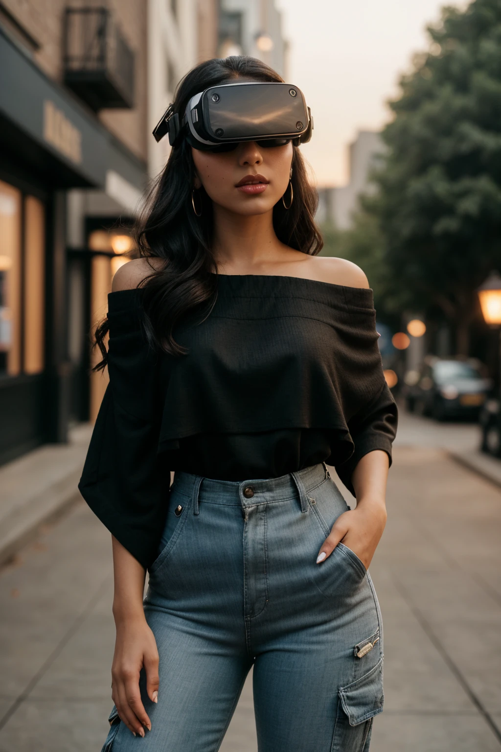 photo of (EPM4y4n3lS4y3d:0.99), closeup portrait, perfect hair, (modern photo, skin-tight upper body clothing, off-shoulder neckline, nano-fiber composite,   dolman sleeves, asymmetrical hemline, natural waist, chest pockets,,patchwork,pockets,,cross-back, loose lower body clothing, virtual reality holo-leather,   tunic length, high waist, pockets,,zipper fly,,layered look,cargo pockets,,illusion back), 24mm, (analog, cinematic, film grain:1.3), ((timeless tower of magecraft, vinyl siding, incandescent outdoor lamps,gas lanterns, gas lanterns (outdoor), gradient:1.1)), ((detailed eyes)), ((eyeliner, long lashes)), (epicPhoto), long eyelashes, (perfect waist), (painted lips)
