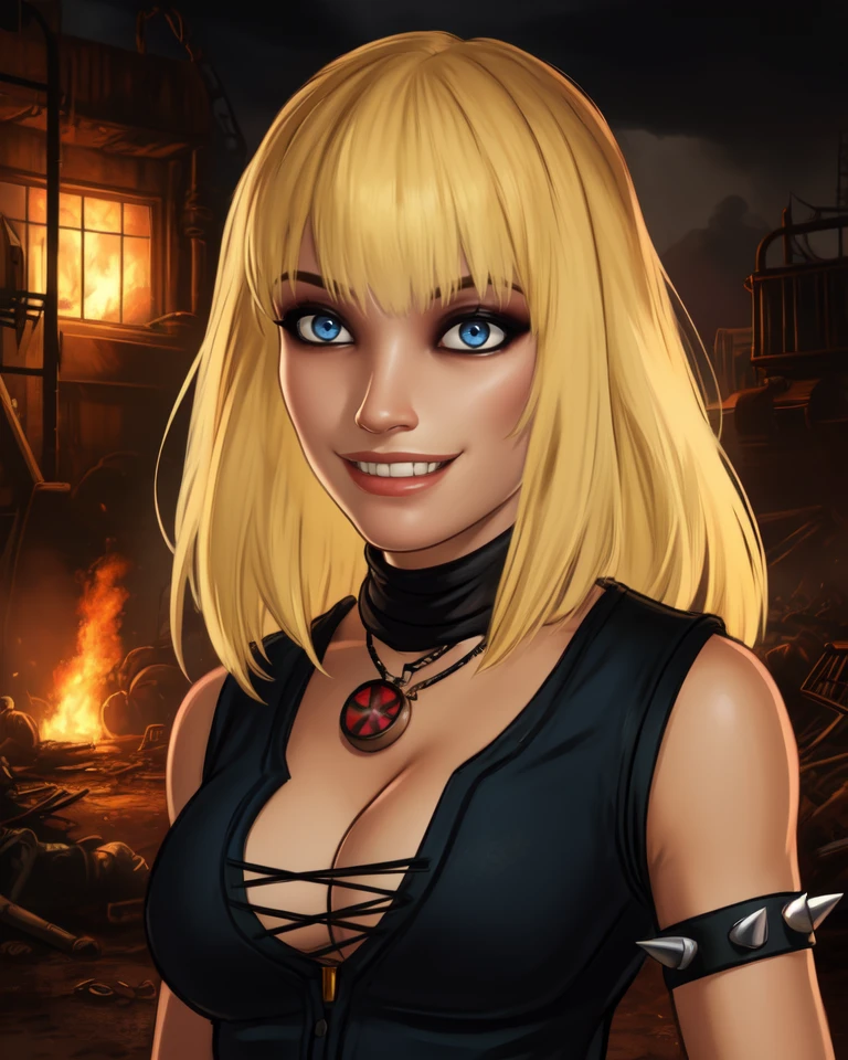 lita,blue eyes,blonde hair,bangs,
black vest,cleavage,spiked bracelet,collar,necklace,
smile,
standing,upper body,
underworld,wasteland,
(insanely detailed, beautiful detailed face, masterpiece, best quality),solo,<lora:lita-10BLv7:0.7>,