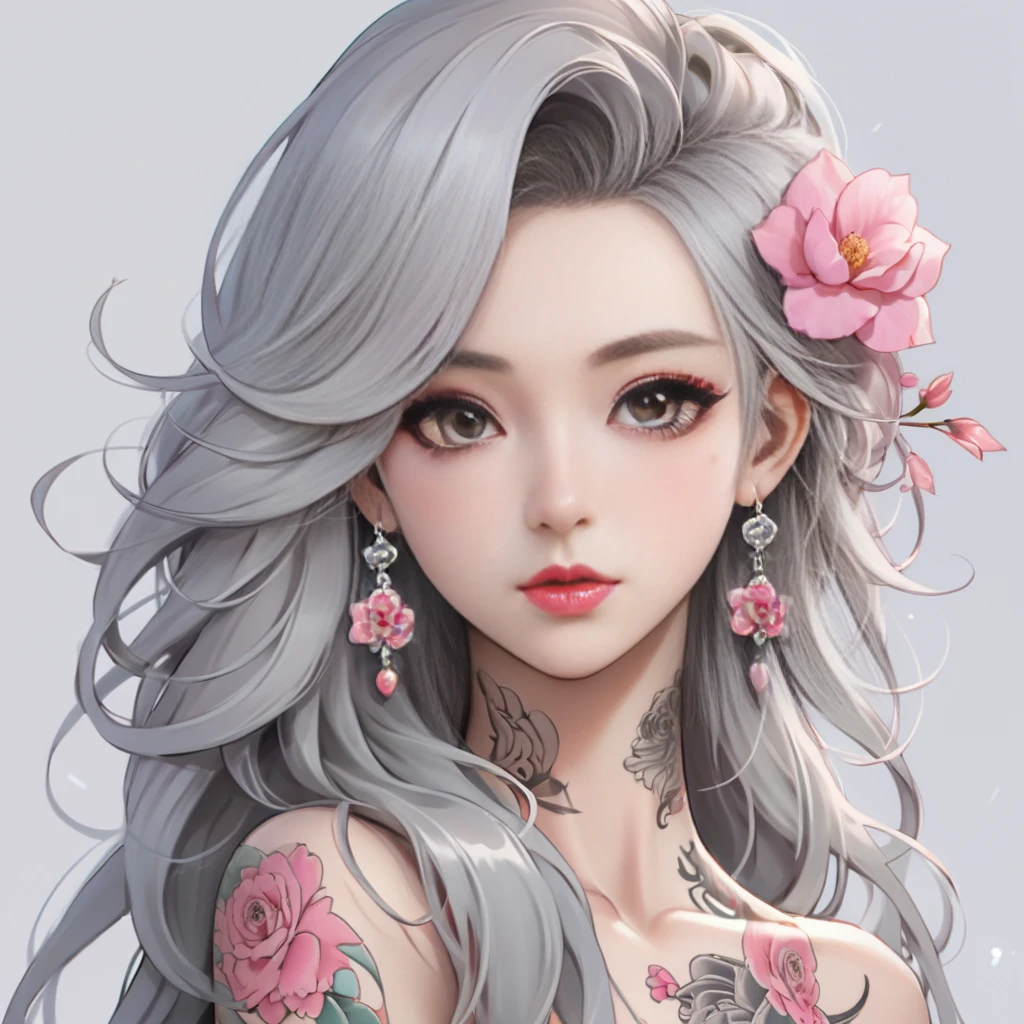 agg, glamorous curls, anime gorgeous girl, 1girl, pink flower, earrings, forehead marker, hair ornament, light gray long hair, tattoo, forehead imprint, looking at viewer, head portrait, aurelia, Joi, <lora:AGG Joi:0.6>