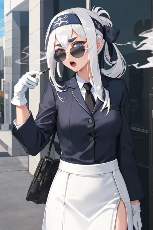 best quality, masterpiece, highres, solo, {black business suit:1.40}, {tie:1.20}, {sunglasses:1.25}, {white gloves:1.15}, {white shirt:1.10}, {black skirt:1.15}, {smoking:1.20}, handsome, {kamoi_kantaicollection:1.15}, long_hair, headband, folded_ponytail, white_hair, blue_eyes, sidelocks, breasts, thick_eyebrows, large_breasts, blush, hair_between_eyes, bandana, open_mouth