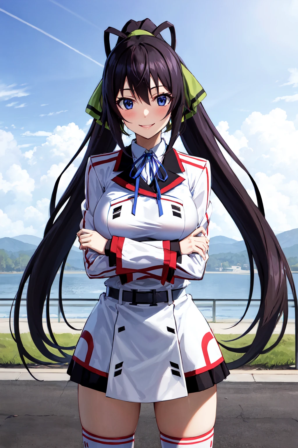 masterpiece, best quality, highres, aahouki, very long hair, black hair, high ponytail, split ponytail, hair ribbon, green ribbon, large breasts, school uniform, neck ribbon, white jacket, white dress, long sleeves, white thighhighs, <lora:shinonono_houki_v1:0.7>, standing, cowboy shot, outdoors, crossed arms, smile