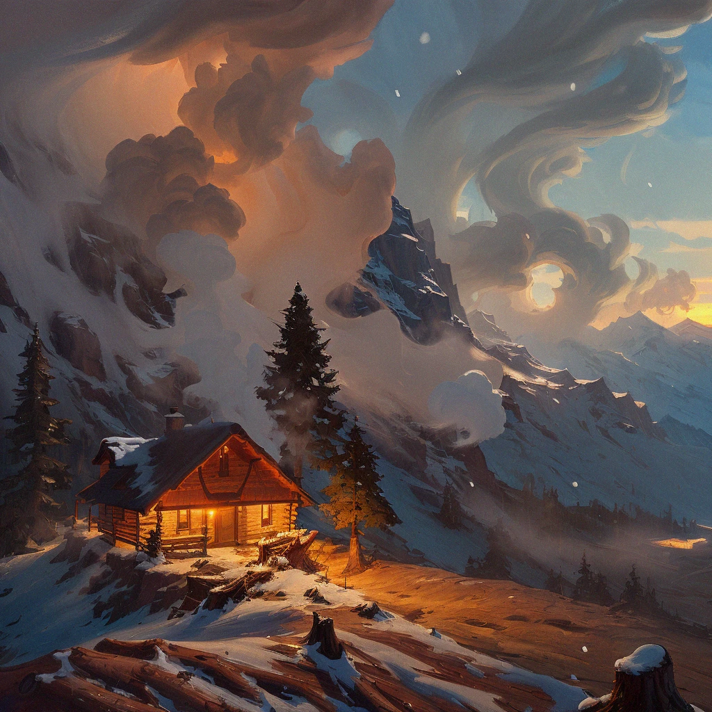 <lora:RTMCHBKH0123_Style_Long:0.9>, Impasto, RTMCHBKH0123 style, a log cabin on a snowy cliff, smoke plume, hard evening lighting, snow, snowing