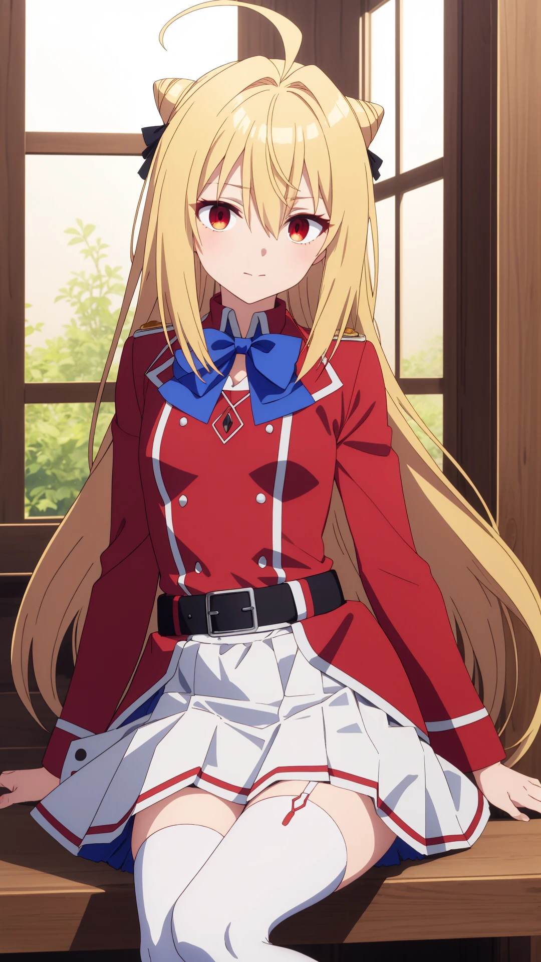 masterpiece, best quality, highly detailed, terakomari, very long hair, blonde hair, red eyes, small breasts, hair bun, ahoge, hair between eyes, hair intakes, blue bow, belt, long sleeves, red jacket, white skirt, white thighhighs, <lora:terakomari-04:0.7>