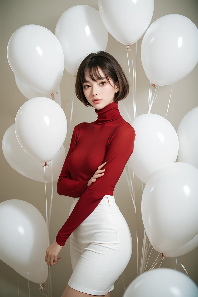 real human skin,RAW photo, fashion portrait photo of beautiful young woman from the 60s wearing a red turtleneck standing in the middle of a ton of white balloons,taken on a hasselblad medium format camera,film grain,Fujifilm XT3,<lora:GoodHands-beta2:1>