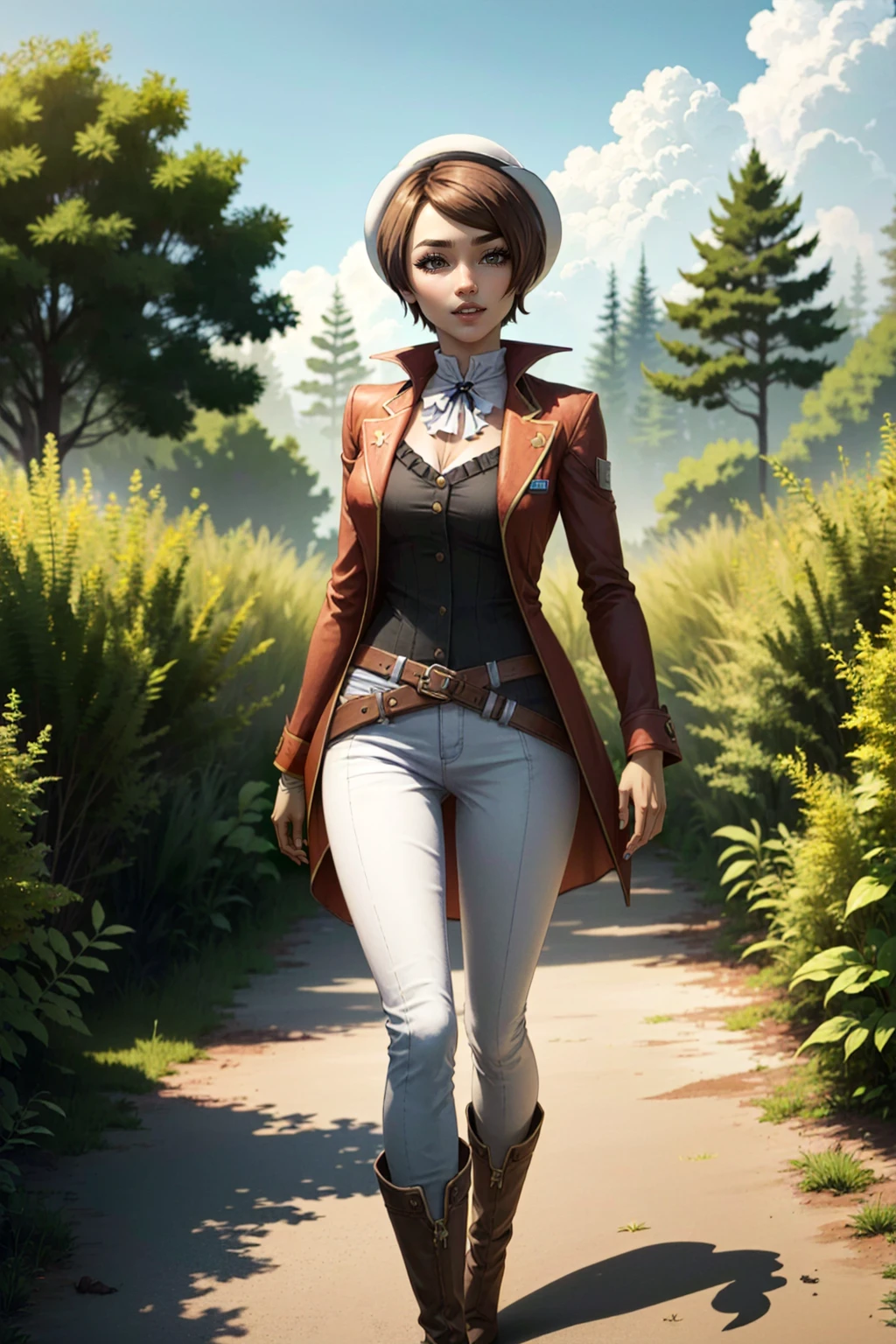 <lora:FionaV1.4:0.8> , 1girl, brown hair with red streak, eyeshadow, fionatftbl, green eyes,red business coat, blue nail polish, hat, black headwear , short hair, white pants, brown boots , belt,standing in a garden, planet in the sky, smiling, teeth