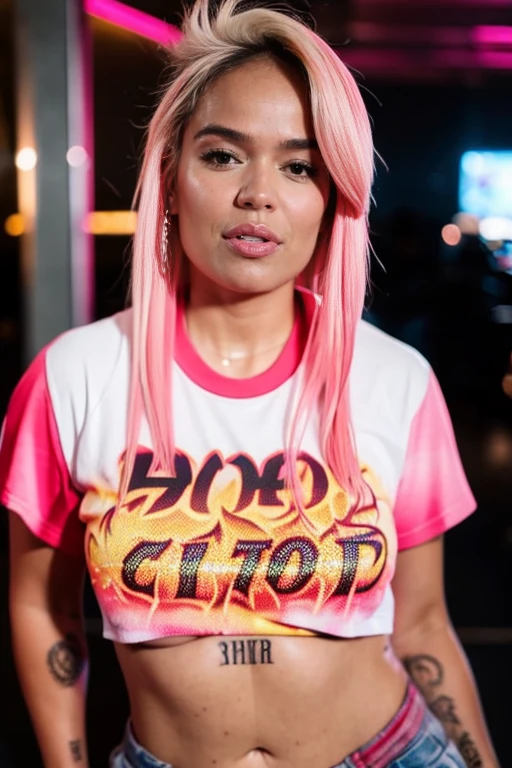 <lora:KarolG-10:1> Bichota, a woman with pink hair and a fire shirt