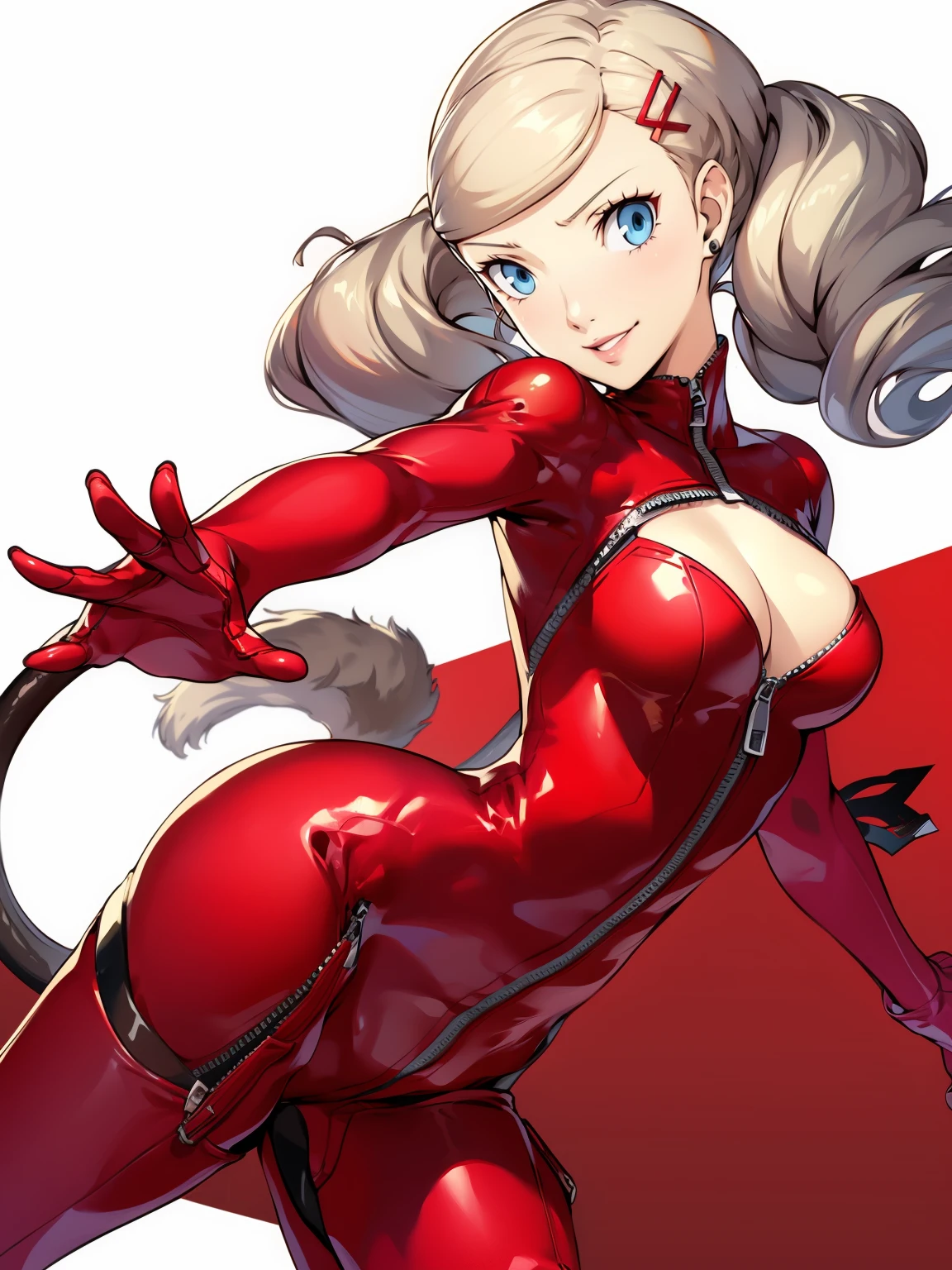 takamaki anne, 1girl, solo, breasts, gloves, twintails, pink gloves, thigh boots, blue eyes, tail, cleavage, long hair, thighhighs, blonde hair, white background, red bodysuit, boots, simple background, fake tail, bodysuit, looking at viewer, medium breasts, hair ornament, smile, hairclip, floating hair, swept bangs, cat tail, bangs, earrings, zipper