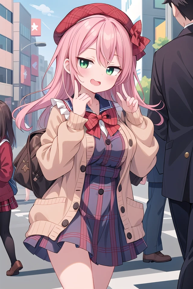 insanely detailed, absurdres, ultra-highres, ultra-detailed, best quality,
1 girl, solo, nice hands, perfect hands
BREAK
(vintage-inspired beret with flower pin:1.3), (navy and red plaid dress:1.5), (golden buttons down the front:1.2), (ivory blouse with ruffle detailing and red bow tie:1.4), (peach cardigan with cable knit pattern:1.3), (black tights:1.1), (red Mary Jane shoes:1.2)
BREAK
laugh, open mouth, wavy mouth,
cute pose, cowboy shot, looking at viewer
BREAK
slender, kawaii, perfect symmetrical face, ultra cute girl, ultra cute face, ultra detailed eyes, ultra detailed hair, ultra cute, ultra beautiful,
BREAK
in harajuku, shibuya, tokyo, street, crowd, cityscape,
large breasts
BREAK
(pink medium hair, dark green eyes), hair between eyes