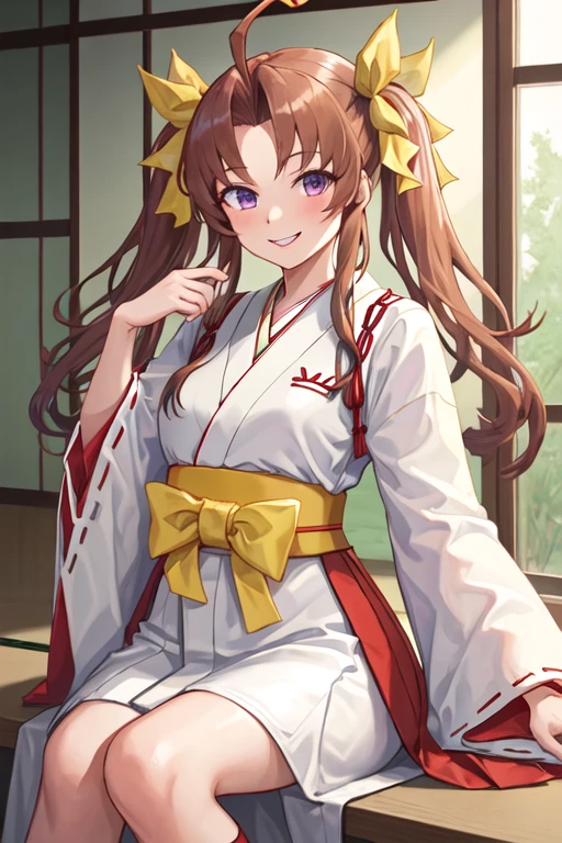 best quality, masterpiece, highres, solo, {white kimono:1.35}, {red hakama:1.35}, {wide sleeves:1.20}, {kagerou_kantaicollection:1.15}, brown_hair, twintails, ribbon, long_hair, hair_ribbon, ahoge, purple_eyes, green_ribbon, vest, neck_ribbon, smile, white_ribbon, yellow_ribbon