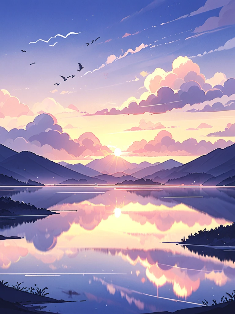 <lora:å¡éé£æ¯æä¿¡ç:1>,(\ka tong feng jing ming xin pian\),no humans, cloud, reflection, scenery, outdoors, bird, sunset, lake, water, cloudy sky, mountain, tree, nature, reflective water, minimalism