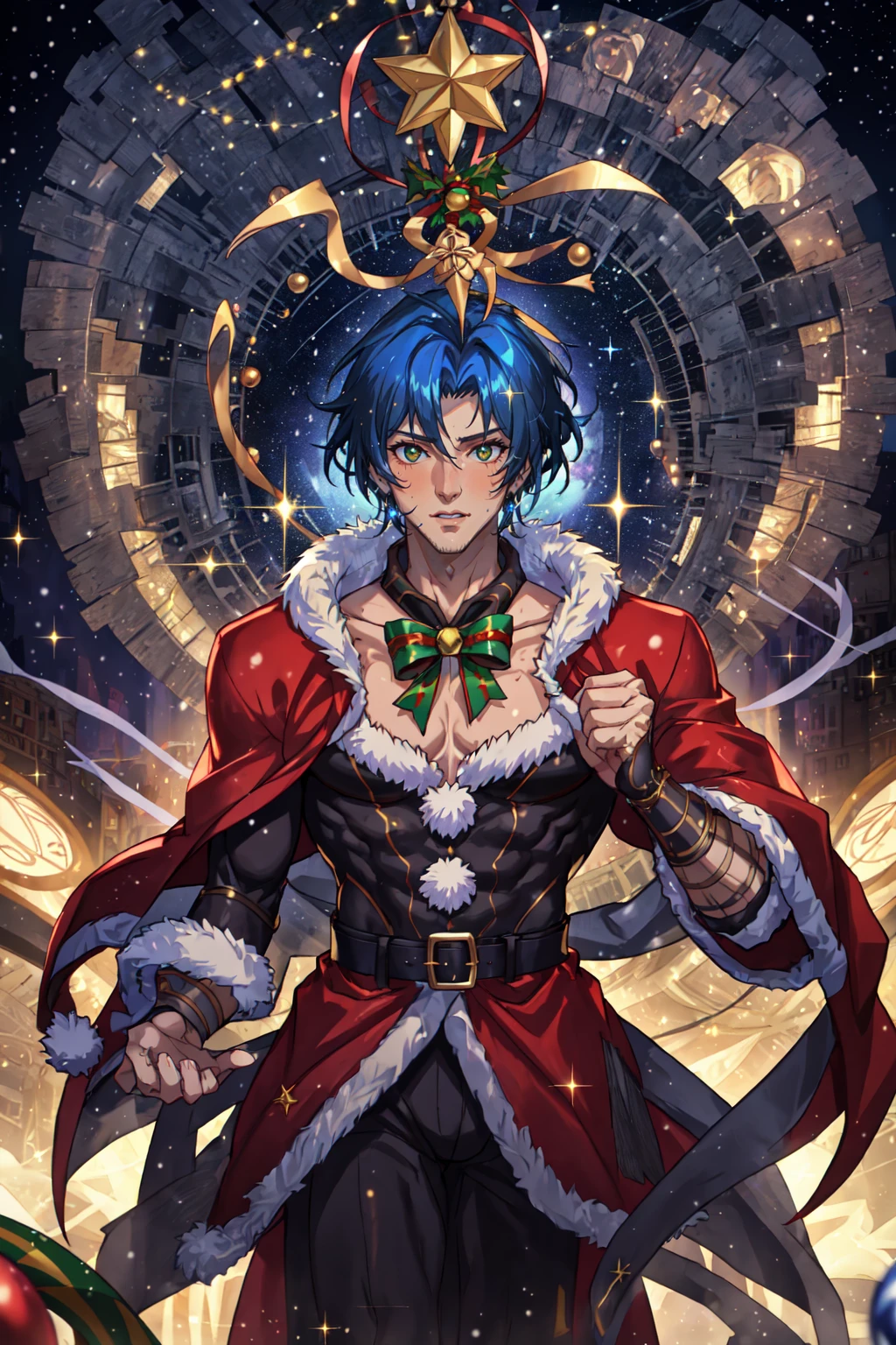 Xmasussy Style, male focus, 1boy, solo, santa costume, glitter everywhere, LUT Like a Movie, Christmas theme, inflation, surrealism, <lora:XmasHendai-05:0.8>
