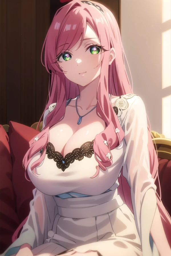haharihanazono, <lora:hahari hanazono s1-lora-nochekaiser:1>,
hahari hanazono, long hair, bangs, (green eyes:1.2), pink hair, flower, hair flower, smile,
BREAK dress, cleavage, jewelry, necklace, white dress,
BREAK indoors, bed,
BREAK looking at viewer,
BREAK <lyco:GoodHands-beta2:1>, (masterpiece:1.2), best quality, high resolution, unity 8k wallpaper, (illustration:0.8), (beautiful detailed eyes:1.6), extremely detailed face, perfect lighting, extremely detailed CG, (perfect hands, perfect anatomy),