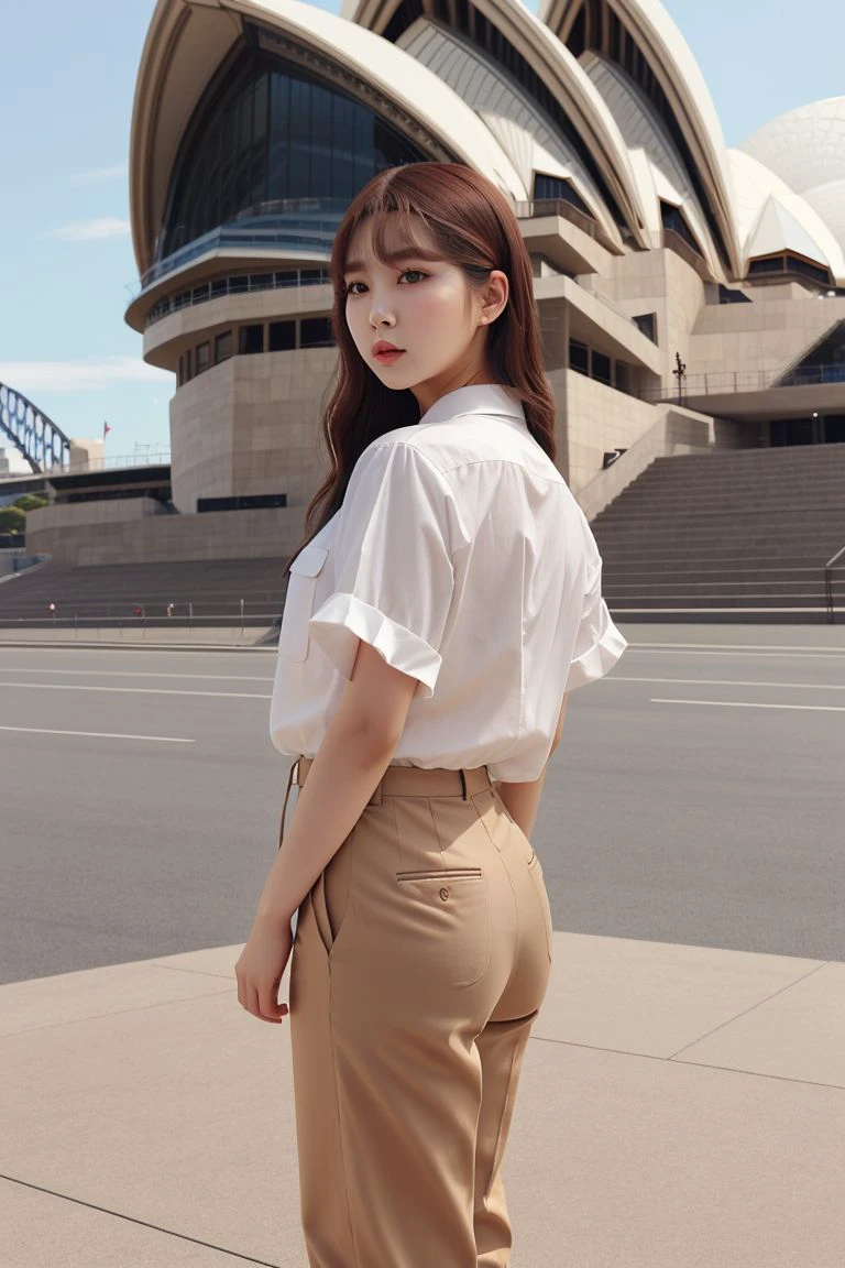 <lora:chayoo_jin_obj20:0.5 >, full_body, standing, sandals, (shirt), pants, (sydney opera house), (chayoo_jin: 1.2), perfect face, (contact iris: 1.1), pale skin, skin pores , depth of field