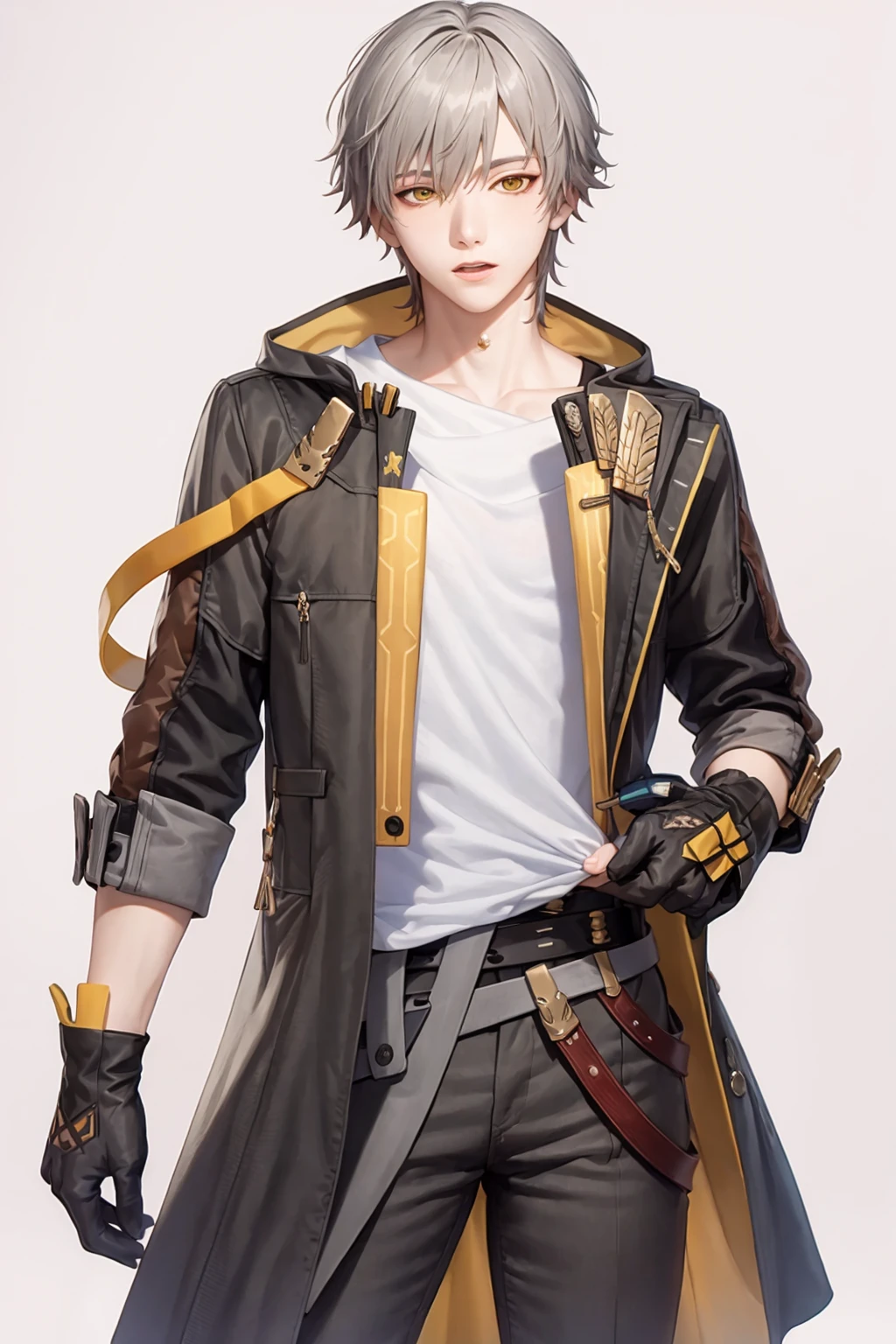 masterpiece, best quality, <lora:trailblazer:1>,
,trailblazer, 1boy, male focus, gloves, short hair,white hair,bangs,yellow eyes,white shirt,jacket,pants,belt,open jacket,jewelry, coat,
grey background, cowboy shot,