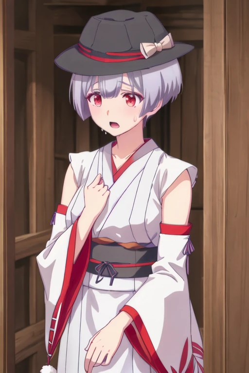 best quality, masterpiece, highres, solo, {ilyukhina_irina_renaiflops:1.15}, short_hair, red_eyes, 1boy, hat, japanese_clothes, male_focus, tokin_hat, detached_sleeves, pom_pom_\(clothes\), upper_body, grey_hair, open_mouth, sweatdrop