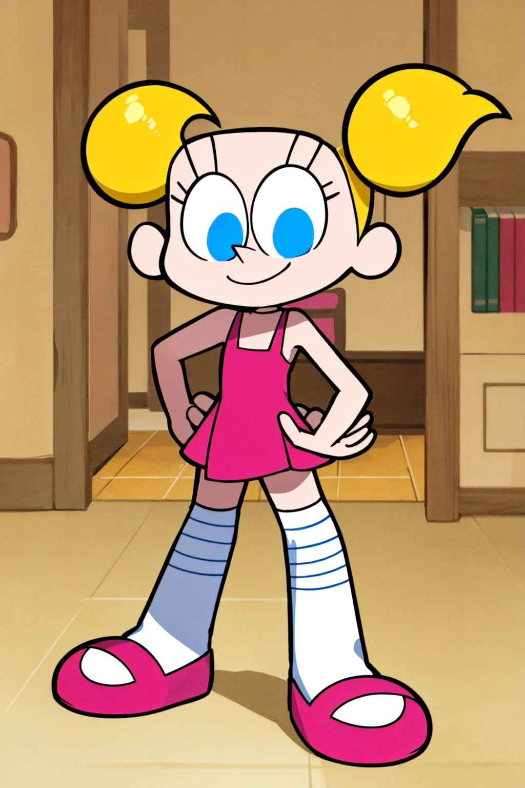 blonde hair, deedee, solo, white legwear, pink dress, twintails, blue eyes, 1girl, short twintails, smile, standing, pink footwear ,  <lora:deedee3.0-000008:0.5>