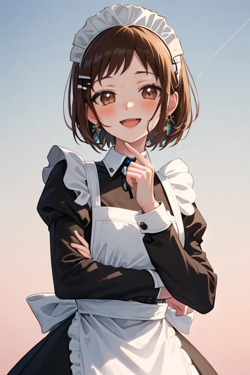 best quality, masterpiece, highres, solo, {maid:1.40}, {long maid dress:1.15}, {hazawa_tsugumi_bangdream:1.15}, brown_hair, short_hair, brown_eyes, blush, smile, bangs, open_mouth