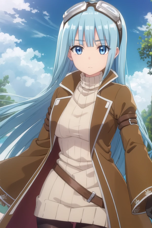 bofuriiz, <lora:bofuri iz s2-lora-nochekaiser:1>,
iz, long hair, bangs, blue eyes, blue hair, blunt bangs,
BREAK gloves, long sleeves, dress, pantyhose, black gloves, sweater, coat, turtleneck, goggles, ribbed sweater, goggles on head, open coat, turtleneck sweater,
BREAK outdoors, forest, nature, sky, sun, clouds,
BREAK looking at viewer,
BREAK <lyco:GoodHands-beta2:1>, (masterpiece:1.2), best quality, high resolution, unity 8k wallpaper, (illustration:0.8), (beautiful detailed eyes:1.6), extremely detailed face, perfect lighting, extremely detailed CG, (perfect hands, perfect anatomy),
