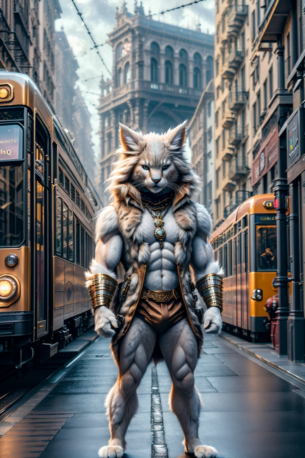 <lora:HumanizedCat_v3-000025:1> masterpiece of photorealism, photorealistic highly detailed 8k photography, best cinematic quality, volumetric lighting and shadows, long hair male hmnzct, casual clothes, muscular body, all body covered by long fur, dynamic pose, Historic Trams in European Cities, Stunning Timelapse of Cloud Formations