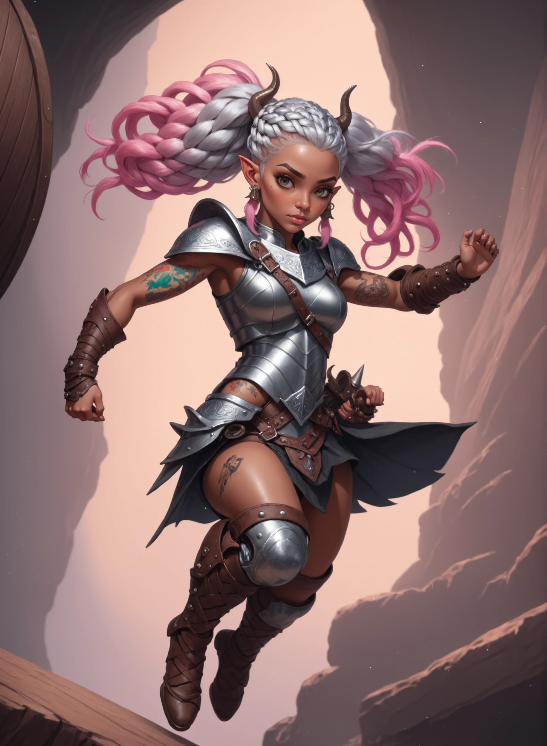 (masterpiece, best_quality, ultra-detailed, immaculate:1.3), epic, illustration, 1girl, feet out of frame, fierce elf mountain viking witchathletic, (leather armor:1.3), pauldrons, (tattoos:1.4), matte pink hair, multcolored hair, Side Swept Dutch Braid, jumping, (african, dark skin:0.6), abstract background, in a stellar, steampunk workshop, bombshell hair, shiny silver hair, hime cut, Basket Weave Braid, bent over