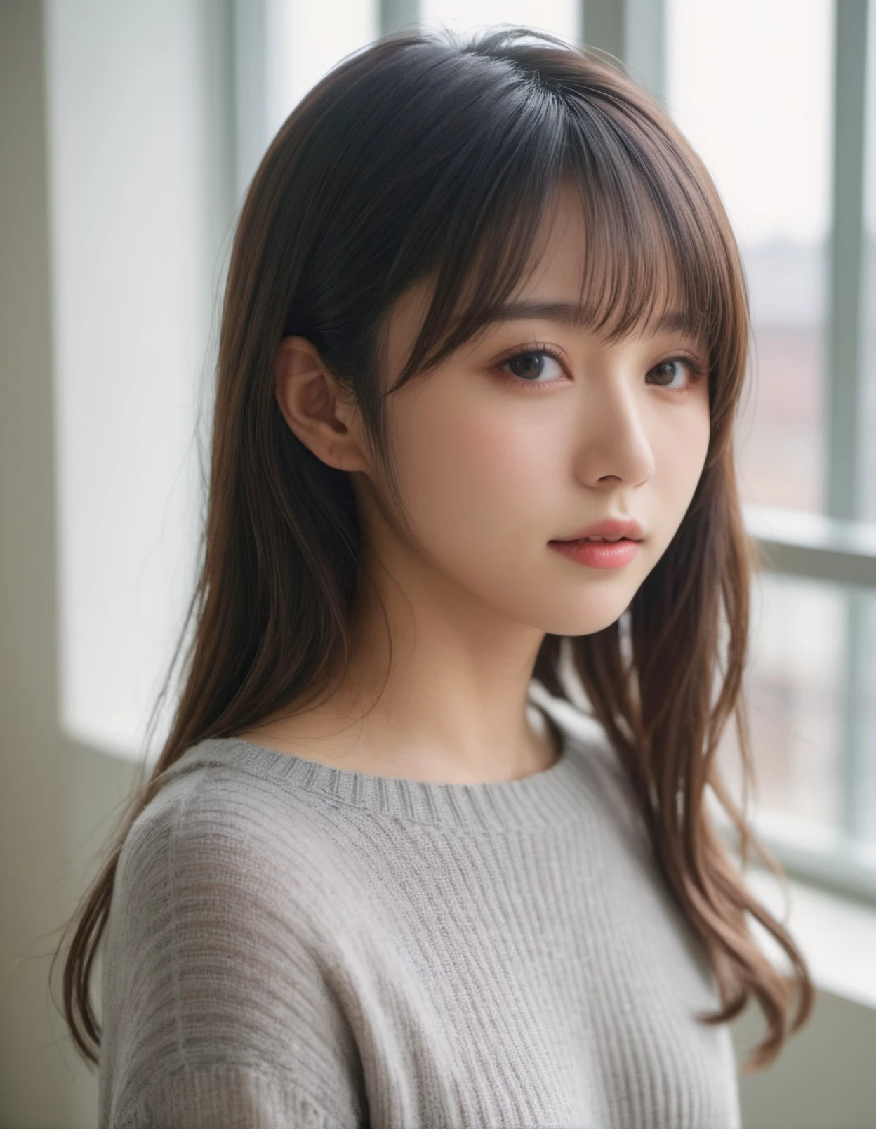 japanese woman, (close-up:2), (natural lighting),wavy hair, bangs, (dark brown eyes),(from side), (downward slanting eyes),pouty,
(gray sweater),(dyanmic posing)
(see-through curtain, bright room)