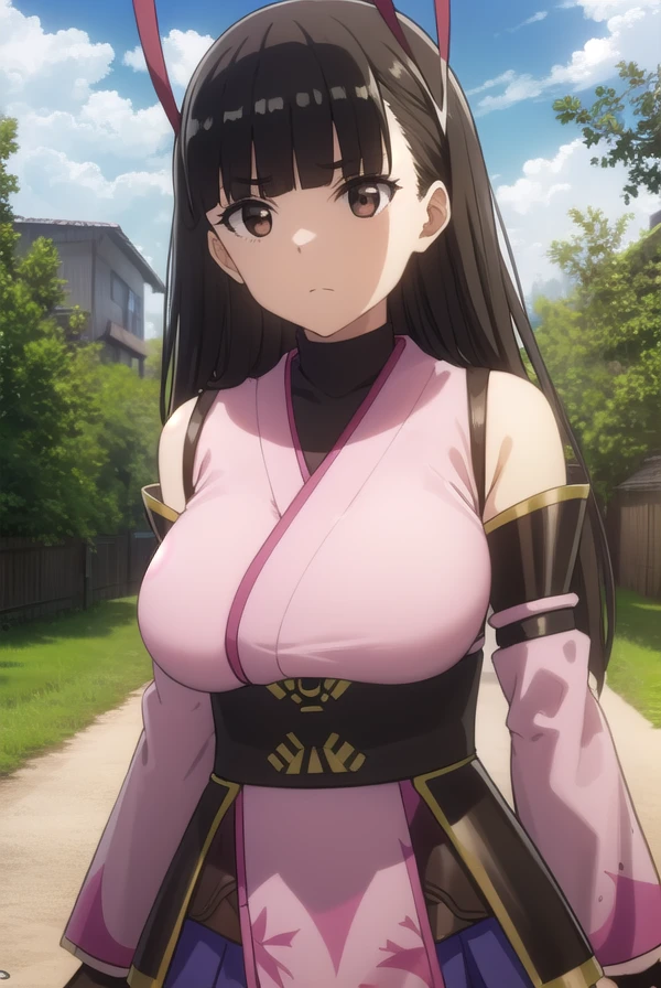 bofurikasumi, <lora:bofuri kasumi s2-lora-nochekaiser:1>,
kasumi, long hair, black hair, ribbon, hair ribbon, bangs, blunt bangs, (brown eyes:1.5),
BREAK thighhighs, detached sleeves, japanese clothes, black thighhighs, bare shoulders,
BREAK outdoors, forest, nature, sky, sun, clouds,
BREAK looking at viewer,
BREAK <lyco:GoodHands-beta2:1>, (masterpiece:1.2), best quality, high resolution, unity 8k wallpaper, (illustration:0.8), (beautiful detailed eyes:1.6), extremely detailed face, perfect lighting, extremely detailed CG, (perfect hands, perfect anatomy),