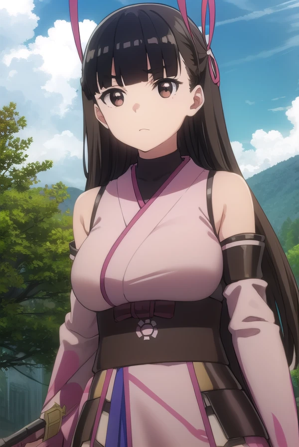 bofurikasumi, <lora:bofuri kasumi s2-lora-nochekaiser:1>,
kasumi, long hair, black hair, ribbon, hair ribbon, bangs, blunt bangs, (brown eyes:1.5),
BREAK thighhighs, detached sleeves, japanese clothes, black thighhighs, bare shoulders,
BREAK outdoors, forest, nature, sky, sun, clouds,
BREAK looking at viewer,
BREAK <lyco:GoodHands-beta2:1>, (masterpiece:1.2), best quality, high resolution, unity 8k wallpaper, (illustration:0.8), (beautiful detailed eyes:1.6), extremely detailed face, perfect lighting, extremely detailed CG, (perfect hands, perfect anatomy),