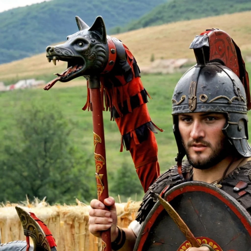 Roman soldier holding a dacian draco covered in blood, burning city in the background<lora:daciandraco:1> draco, dacian, pole