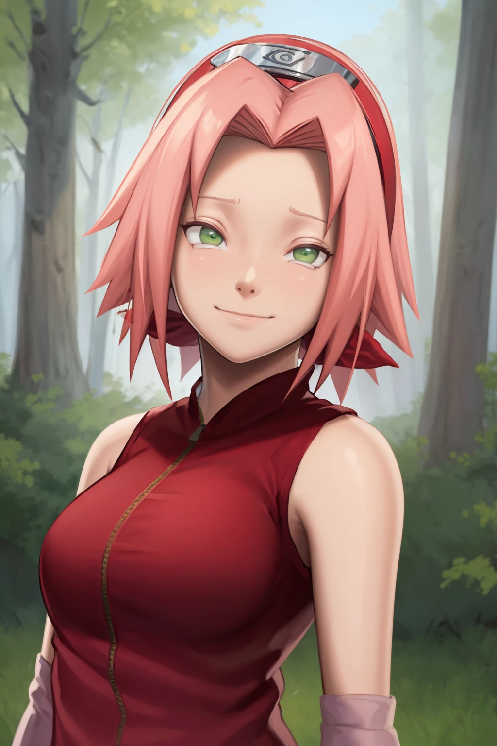 masterpiece, best quality, 1girl,1girl,haruno sakura, pink hair, short hair, green eyes, hairband, sleeveless, smile, upper body, sad, looking at viewer, trees, forest background <lora:SakuraShippuden:0.8>